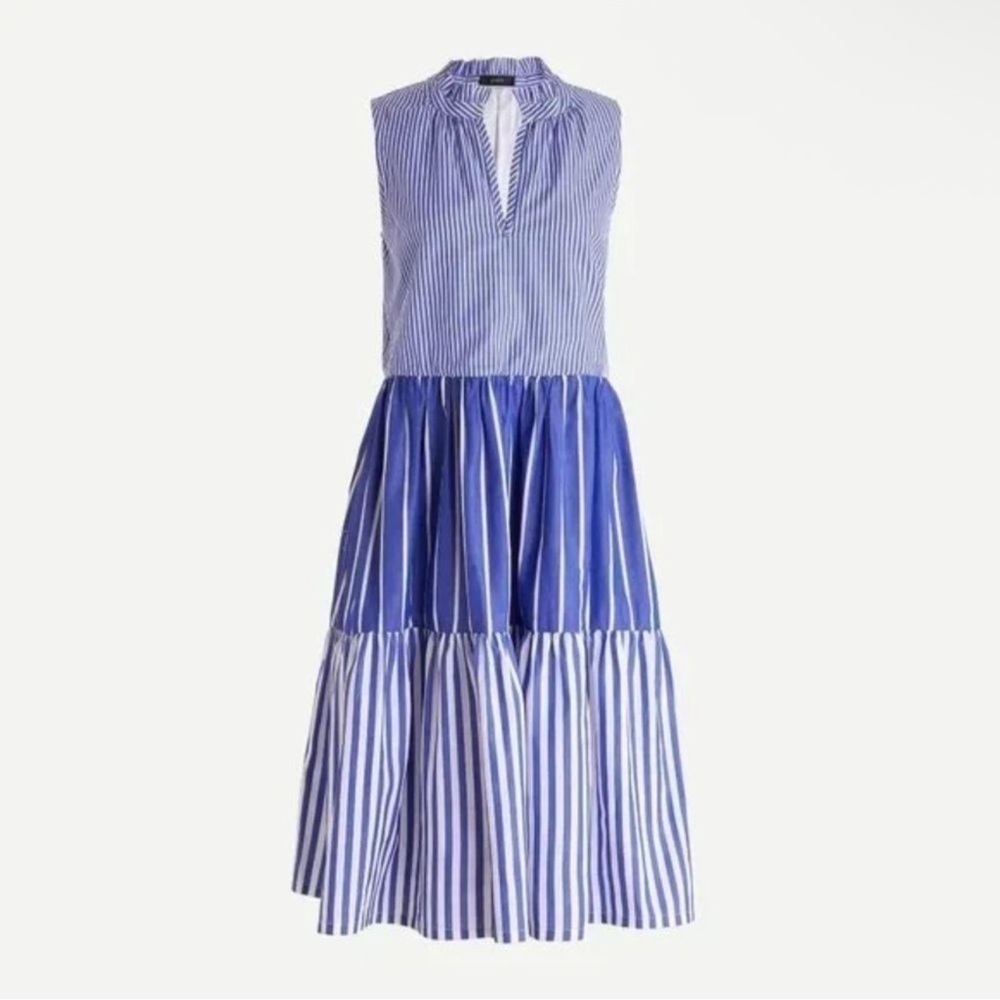 J.Crew Blue Striped Tiered Popover Poplin Polo Dress